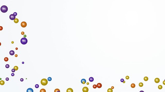 Nutritional Supplements Concept. A clean 4k animation of colorful vitamin and mineral spheres floating on a white background, perfect for health and wellness related medical projects