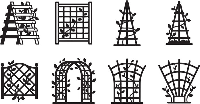 Eight stylish trellis and arbor garden structures with climbing plants Vector