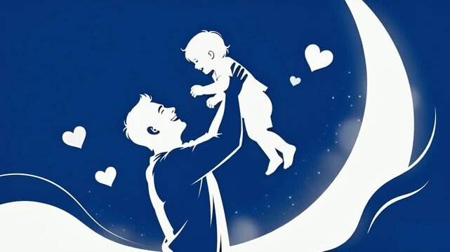 Father Holding Child in Blue and White Silhouette Father's Day