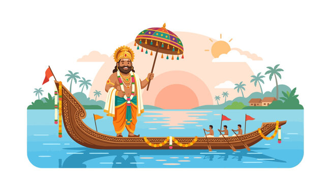 Onam boat festival illustration, Kerala traditional snake boat race, King Mahabali & rowers