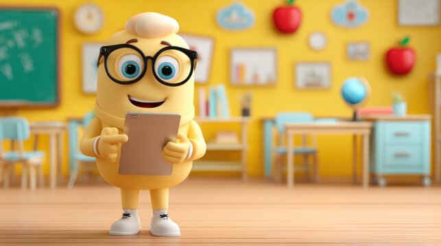 A cartoon character with glasses and a tablet stands in a vibrant classroom with a chalkboard and desks