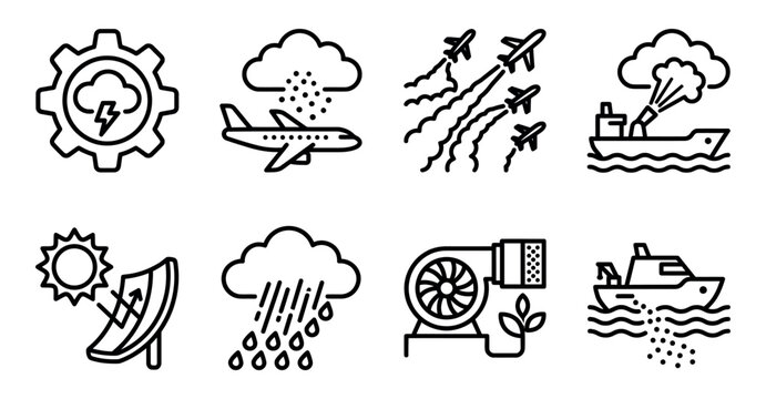 Set of weather modification and climate control technology line icons for environmental engineering Minimal stroke icon set bundle collection. Editable Vector Illustration Mega pack