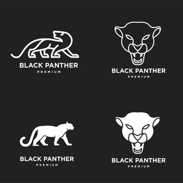 Black Panther Premium Brand Logo Set Vector. Collection of four distinct minimalist panther icons, featuring full body and roaring head illustrations