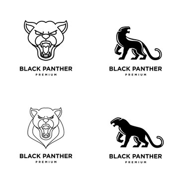 Set of Black Panther Logos: Roaring Head and Walking Silhouette Vector Icons for Premium Branding and Mascot Design