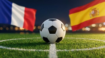 Fototapeta premium France versus Spain soccer match on green grass stadium with flags national teams sport event competition football game exciting professional stadium atmosphere stadium lights.