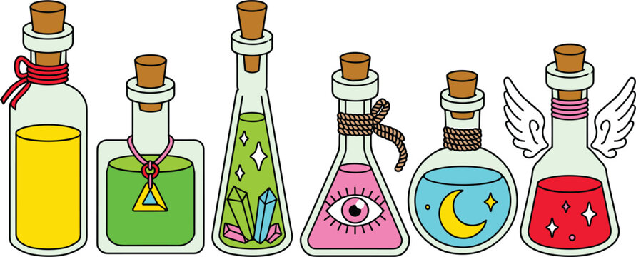 Magic potion bottles colorful witchcraft elixir set with crystal moon evil eye wings cartoon flat vector illustration