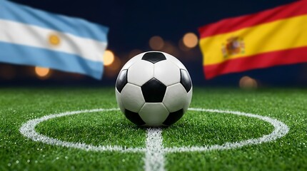 Naklejka premium Soccer ball on grass field center circle Argentina Spain flags waving in background stadium lights night blurred motion sport competition.