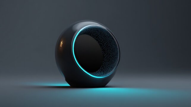 Sleek, futuristic orb on a flat gray surface. The dark object has a glowing blue ring & intricate inner pattern