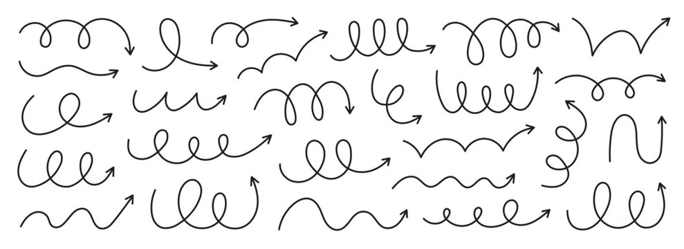 Bounce jump spiral arrows icons and line motion effect doodle. Squiggly movement energy and comic swirl elements. Hand drawn vector illustration isolated on transparent background