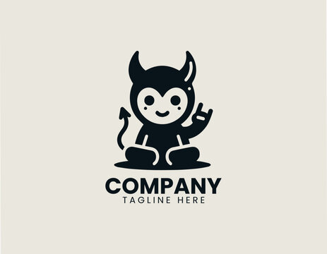 Cute devil mascot making rock hand sign black vector logo illustration style