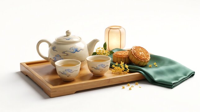 Traditional Chinese tea set with mooncakes and osmanthus flowers on a wooden tray.