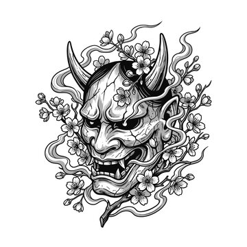 Black and white illustration of a Japanese Hannya demon mask with large horns and fangs, surrounded by blooming cherry blossom flowers and swirling smoke wisps on a white background.