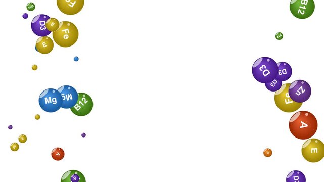 Vitamins and Minerals Floating Spheres Background. A clean motion graphic showing essential nutrients, ideal for healthcare, nutrition, and healthy lifestyle projects