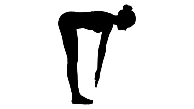 Woman silhouette performs a forward fold yoga pose against a clean white background.