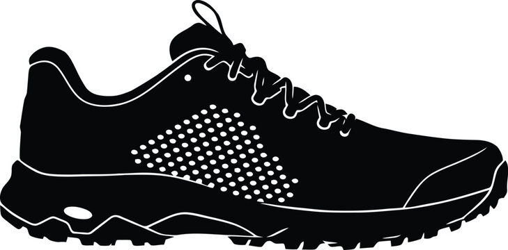 Black athletic running shoe sneaker silhouette vector illustration isolated white background modern sports footwear design concept branding icon template graphic