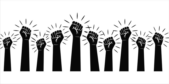 Multiple black silhouette raised fists with radiating lines on white background Keywords: fist, raised fist, protest, power