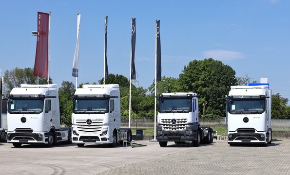 Pradamano, Italy. July 5, 2026. Different models of Mercedes Benz Trucks by the official dealership of the german manufacturer. 