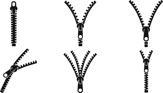 Set of black zipper icons in various open and closed positions isolated on white background