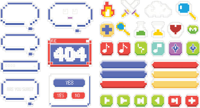 Pixel art retro game user interface elements set featuring speech bubbles buttons icons and error windows vectors