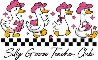 Obraz premium Silly Goose Teacher Club Western Pink Hat Checkerboard Clipart