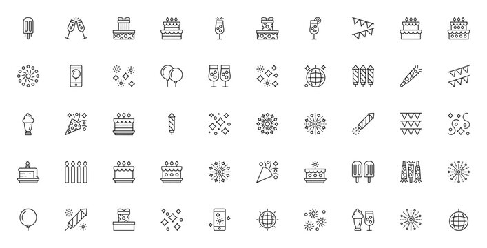 Celebration icon set. Party vector icons. Festive minimal pack. Includes birthday cake, fireworks, balloon, confetti, gifts, drinks, ice cream, cocktail, disco ball, bunting, sparkler and more.