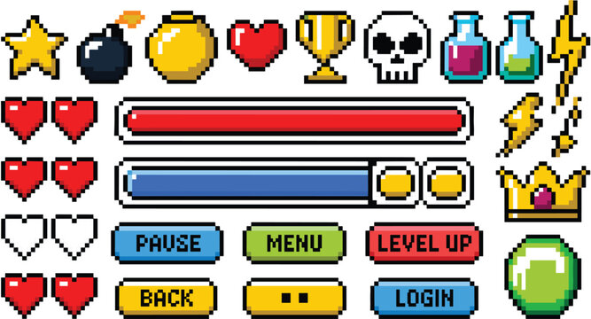 Retro pixel art video game asset pack featuring interactive menu buttons health bars potions crowns and skulls