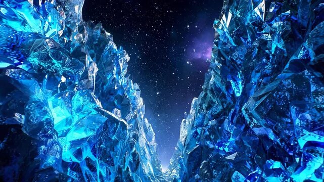 Abstract Blue Crystal Formation with Sparkling Light During Cosmic Background Cinematic Motion
