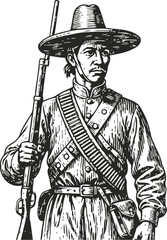 Fototapeta premium Mexican revolutionary soldier with rifle and ammunition bandolier vintage engraving illustration