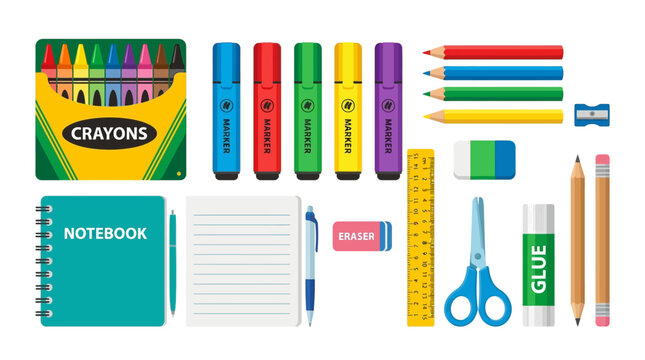 School supplies, colorful stationery, educational tools, office materials