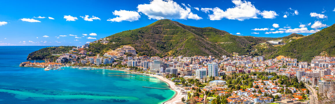 Town of Budva beach and modern coastline architecture panoramic view