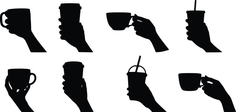 Set of black silhouettes of human hands holding various coffee cups and mugs isolated on white background, Vector