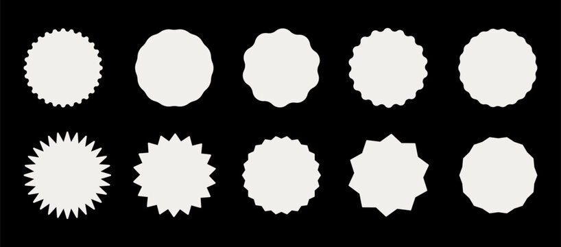 White sticker set with circle and starburst shapes. Wavy edge price and shop tags, flat vintage badges, blank sale labels, simple silhouette graphic illustration.