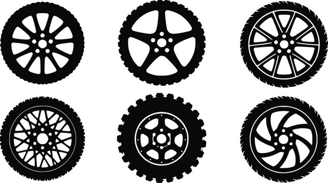 Set of six different black car wheel rims and tires in a flat graphic style isolated on white background, Vector