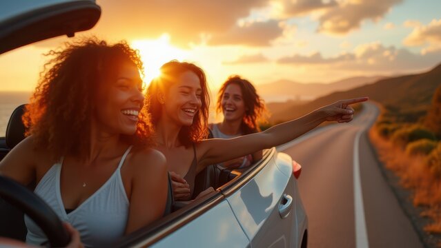 diverse young women laughing in hatchback car on scenic coastal road trip at golden hour for joyful friendship and summer travel memories