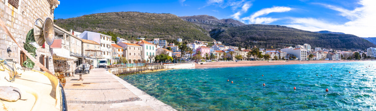 Town of Petrovac beach and waterfront panoramic view