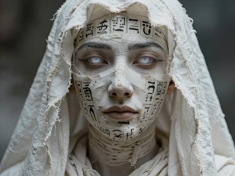 Woman with hieroglyphs painted on face wearing hood