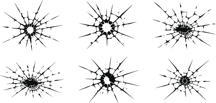 Set of six black shattered glass cracks and bullet hole designs isolated on white background, Vector