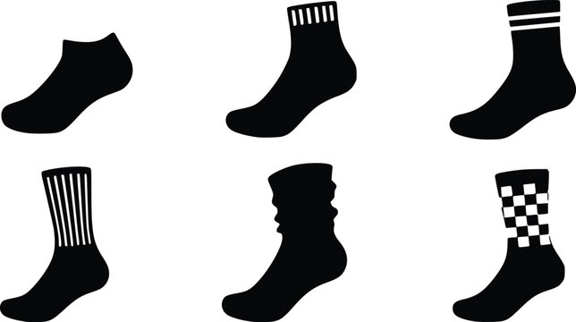 Set of black socks icons with different styles and patterns for fashion design isolated on white background, Vector