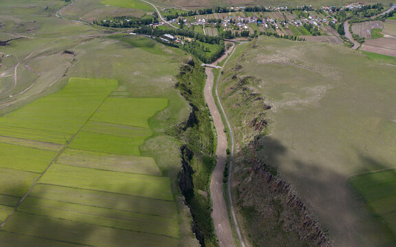 Akyaka Canyon Rock Formations and Natural Landscape in Akyaka Kars Turkey Eastern Anatolia Drone View