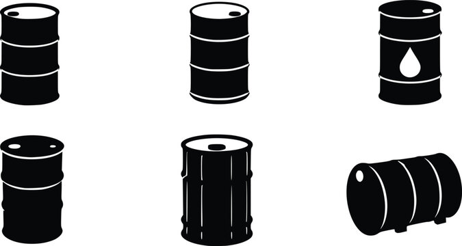 Set of black oil barrel icons for industrial and energy storage design isolated on white background, Vector