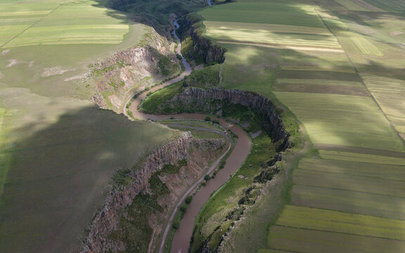 Akyaka Canyon Rock Formations and Natural Landscape in Akyaka Kars Turkey Eastern Anatolia Drone View