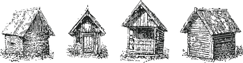 Naklejka premium rustic wooden cabin sketches hand drawn old village houses illustration