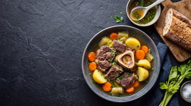 Top view of rustic beef stew with marrow bone, potatoes, and carrots served in a bowl on a dark slate background with crusty bread