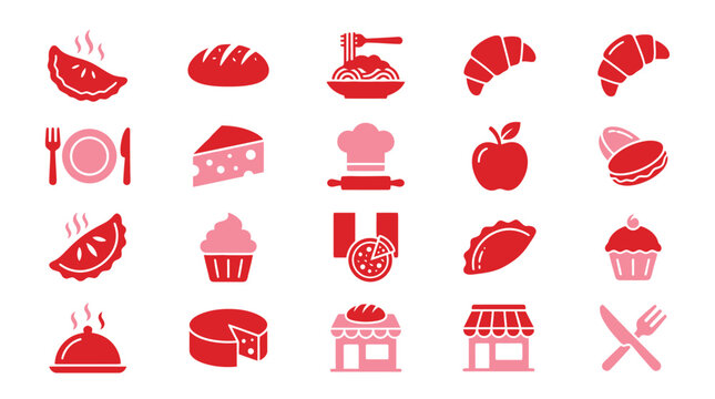 Collection of food and restaurant icons in red and pink, representing various culinary items and establishments.
