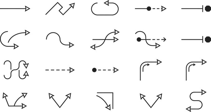 Minimalist architectural top down icons collection representing athlete tactical movement paths including curved arrows zig zags acceleration points strategy vectors
