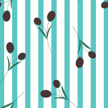 Seamless pattern with olives in white and blue stripes