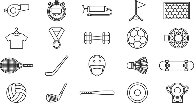 Sports equipment schematics outline badges pack showcasing minimalist whistle stopwatch ball pump corner flag goal net mesh jersey hanger