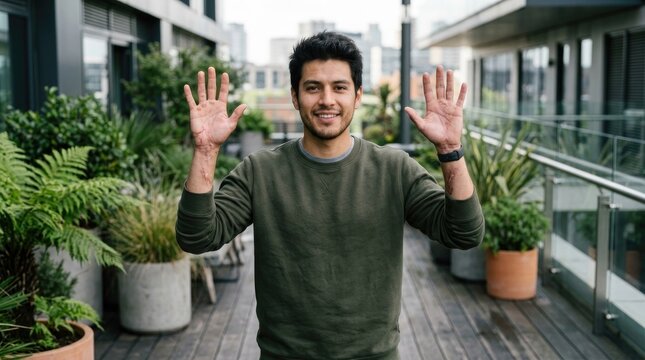 Man with raised scarred hands on urban terrace, displaying resilience and strength