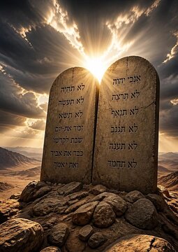 Stone tablets with Hebrew inscriptions illuminated by sunlight