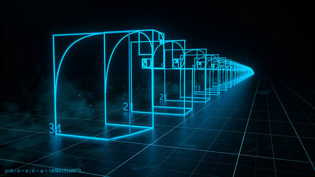 Golden ratio spiral and fibonacci sequence represented by glowing blue geometric squares and lines on a dark grid, symbolizing mathematics